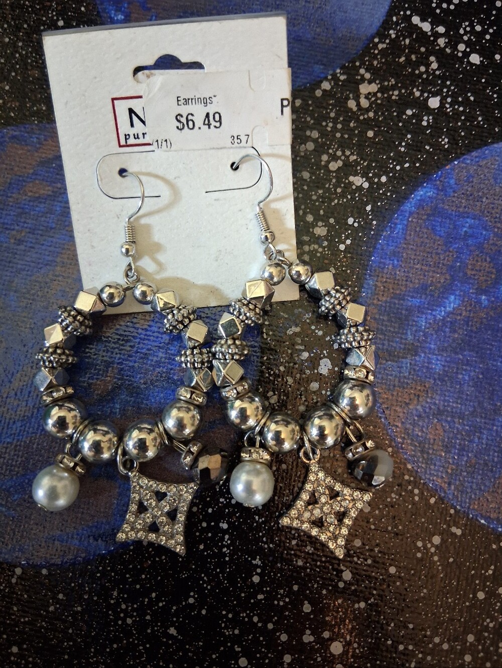 Silver-Tone Beaded Hoop Earrings with Pearl Accent